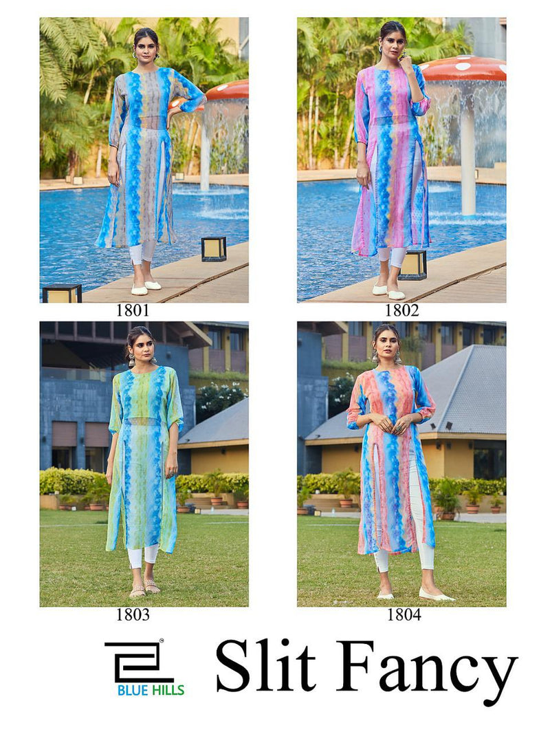 Blue Hills Slit Fancy Georgette With Fancy Butti Print Party Wear Kurtis