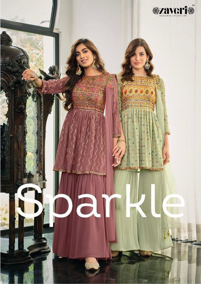 Zaveri Woman Beauty Sparkle Georgette Wedding Wear Kurtis With Sharara Bottom & Dupatta