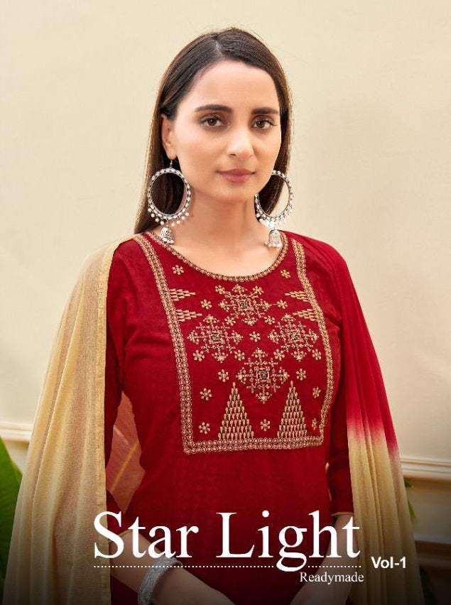 O4U Star Light Vol 1 Satin Jacquard Embroidered Festive Wear Kurtis With Bottom & Dupatta