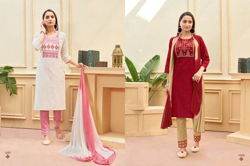 O4U Star Light Vol 1 Satin Jacquard Embroidered Festive Wear Kurtis With Bottom & Dupatta