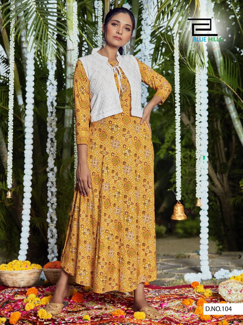 Blue Hills Stop Watch Rayon Party Wear Bandhani Kurtis With Chicken Koti & Embroidery Work