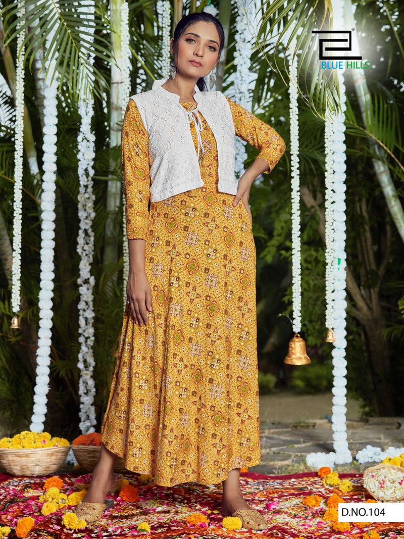 Blue Hills Stop Watch Rayon Party Wear Bandhani Kurtis With Chicken Koti & Embroidery Work