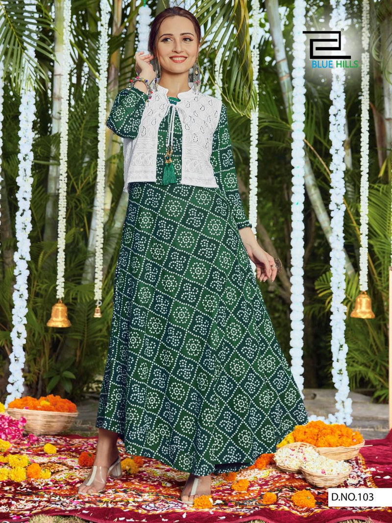 Blue Hills Stop Watch Rayon Party Wear Bandhani Kurtis With Chicken Koti & Embroidery Work