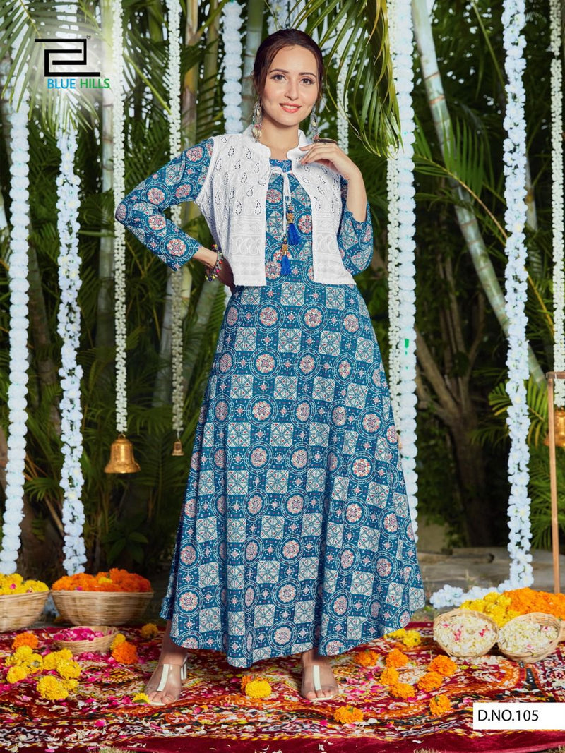 Blue Hills Stop Watch Rayon Party Wear Bandhani Kurtis With Chicken Koti & Embroidery Work