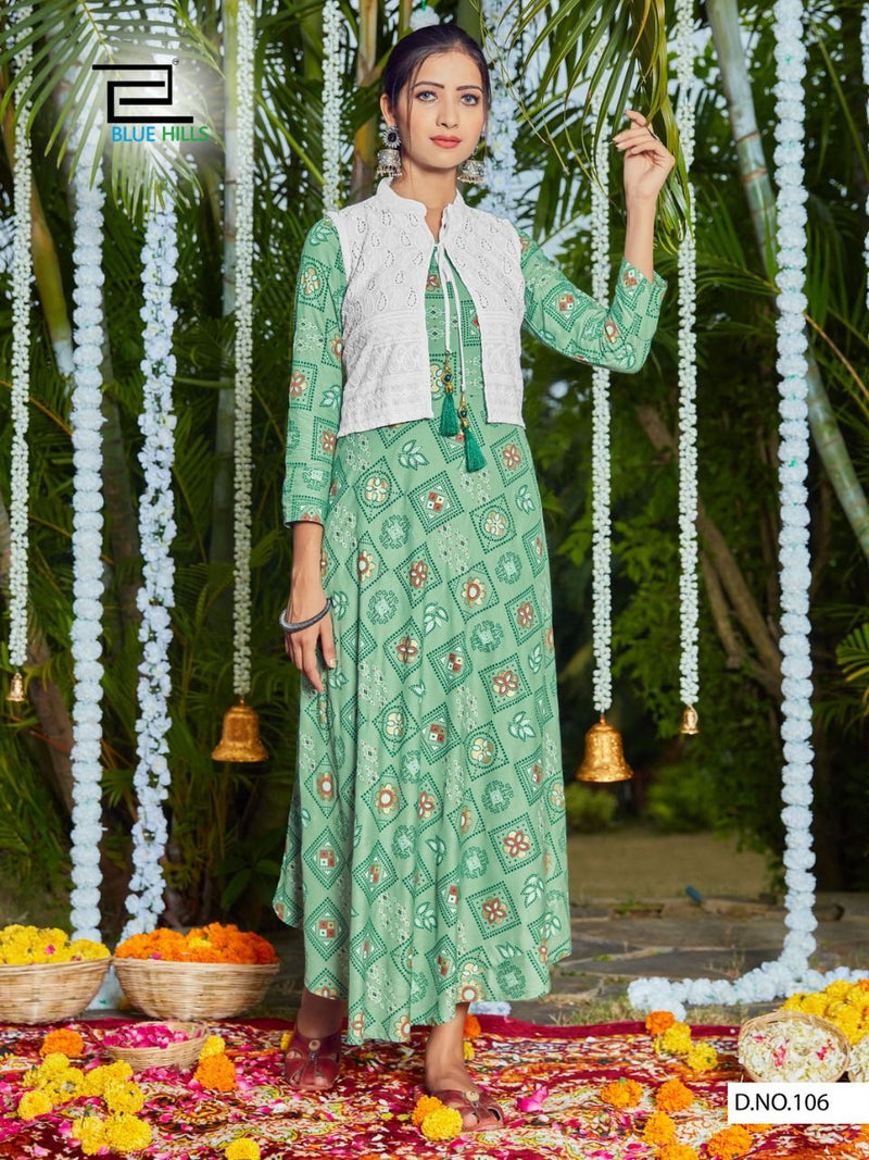 Blue Hills Stop Watch Rayon Party Wear Bandhani Kurtis With Chicken Koti & Embroidery Work