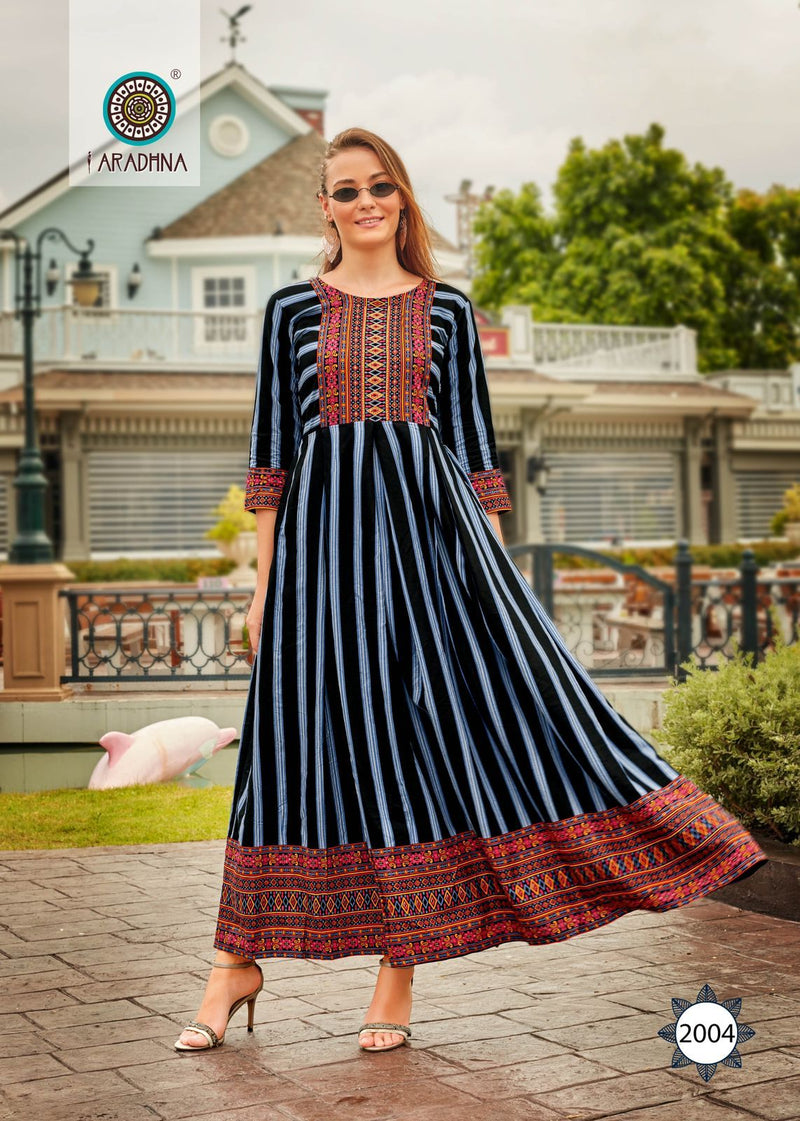 Aradhna Fashion Stripy Vol 2 Rayon With Heavy Embroidery Work Stylish Designer Casual Wear Long Kurti