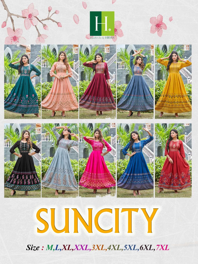 Hirwa Suncity Rayon With Fancy Work Stylish Designer Casual Wear Fancy Long Gown