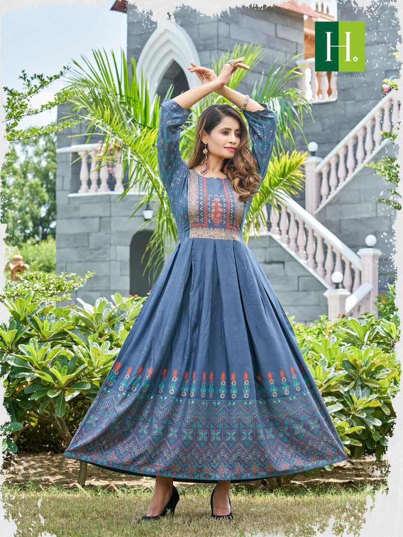Hirwa Suncity Rayon With Fancy Work Stylish Designer Casual Wear Fancy Long Gown