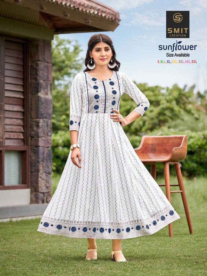 Poonam Sunflower Rayon With Printed Work Stylish Designer Casual Wear Fancy Long Kurti