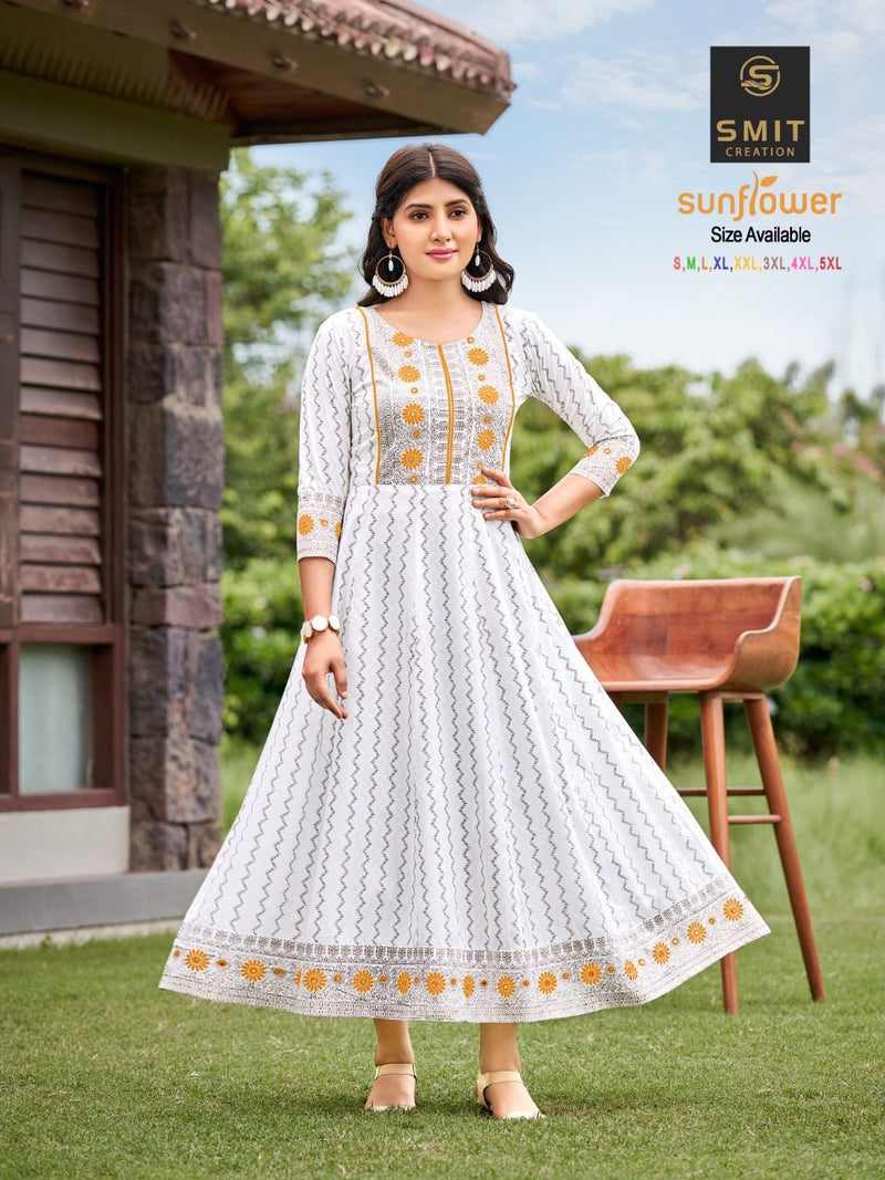 Poonam Sunflower Rayon With Printed Work Stylish Designer Casual Wear Fancy Long Kurti