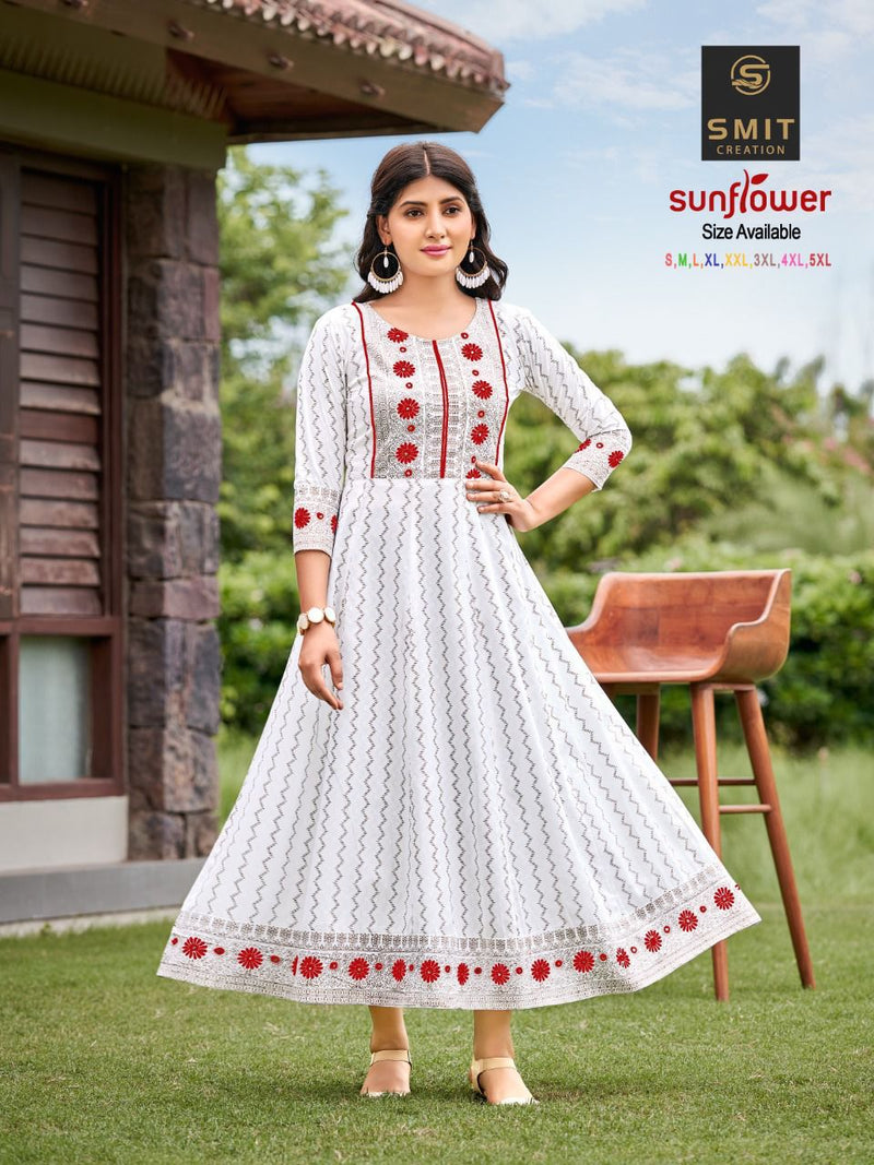 Poonam Sunflower Rayon With Printed Work Stylish Designer Casual Wear Fancy Long Kurti