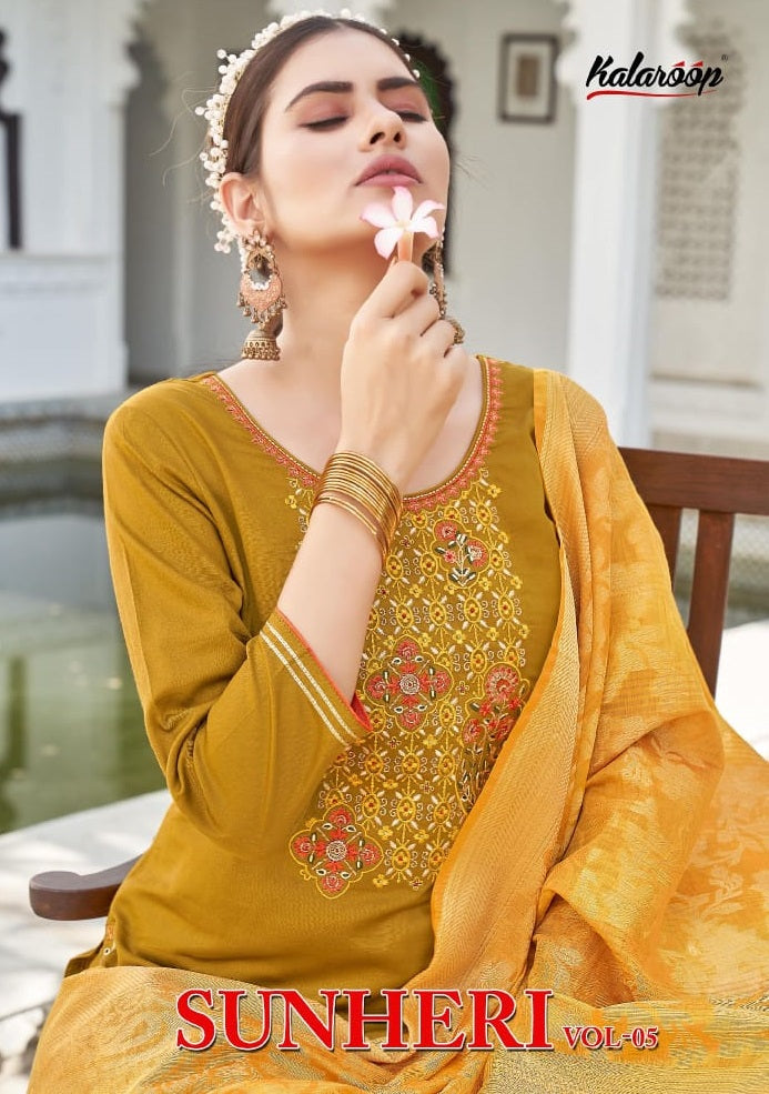 Kalaroop Kajree Fashion Sunheri By Patiyala Vol 5 Jam Silk Party Wear Kurtis With Bottom & Dupatta