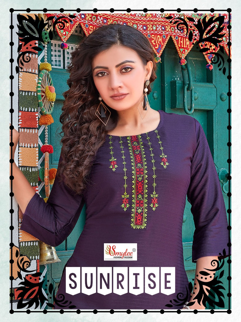 Smylee Fashion Sunrise Rayon Fancy Designer Party Wear Kurtis With Beautiful Embroidery Work