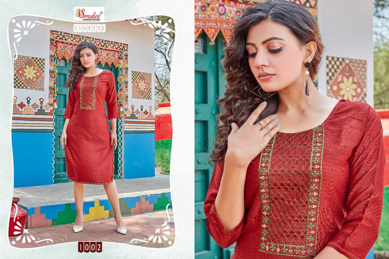 Smylee Fashion Sunrise Rayon Fancy Designer Party Wear Kurtis With Beautiful Embroidery Work