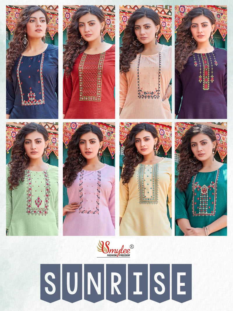 Smylee Fashion Sunrise Rayon Fancy Designer Party Wear Kurtis With Beautiful Embroidery Work