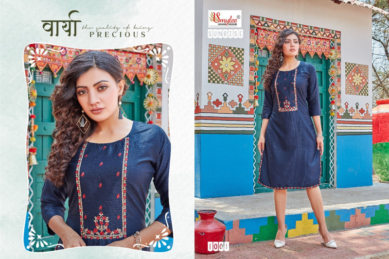 Smylee Fashion Sunrise Rayon Fancy Designer Party Wear Kurtis With Beautiful Embroidery Work