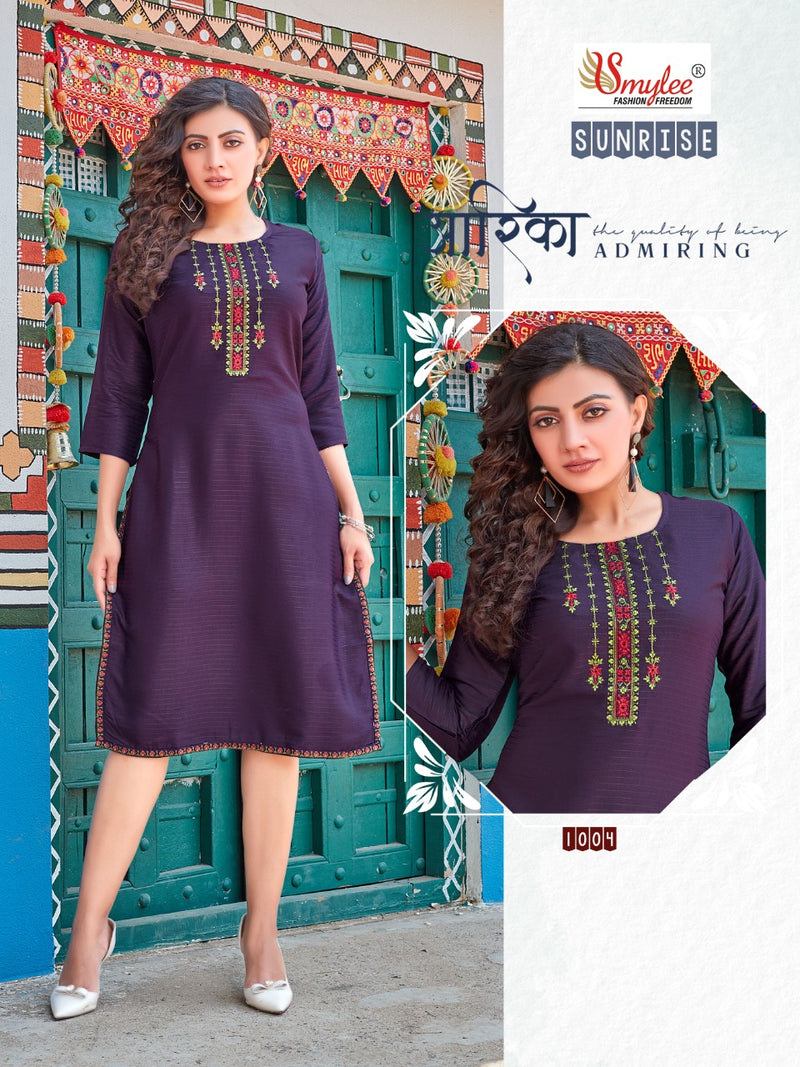 Smylee Fashion Sunrise Rayon Fancy Designer Party Wear Kurtis With Beautiful Embroidery Work