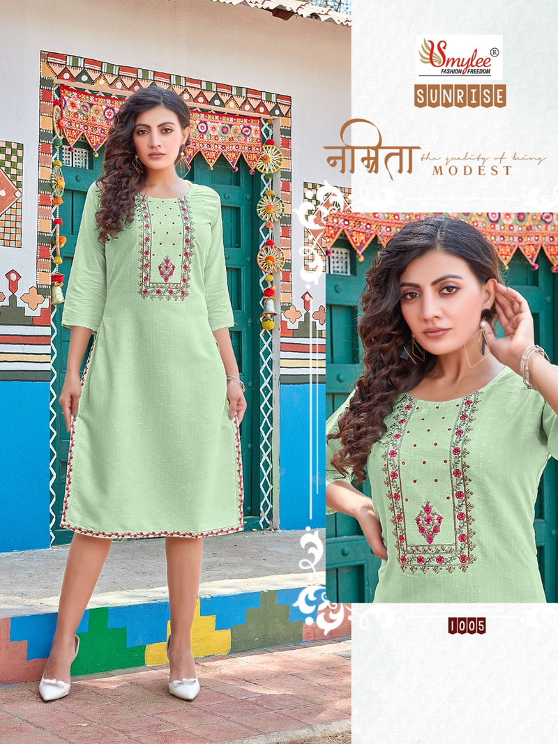 Smylee Fashion Sunrise Rayon Fancy Designer Party Wear Kurtis With Beautiful Embroidery Work