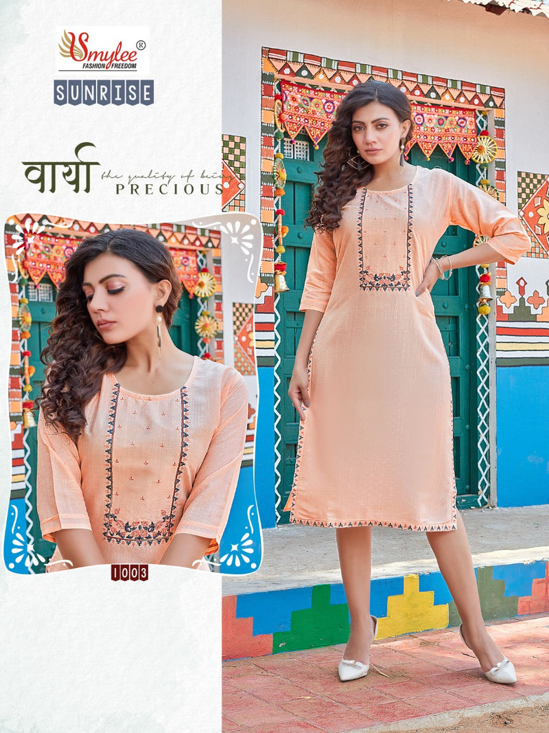 Smylee Fashion Sunrise Rayon Fancy Designer Party Wear Kurtis With Beautiful Embroidery Work