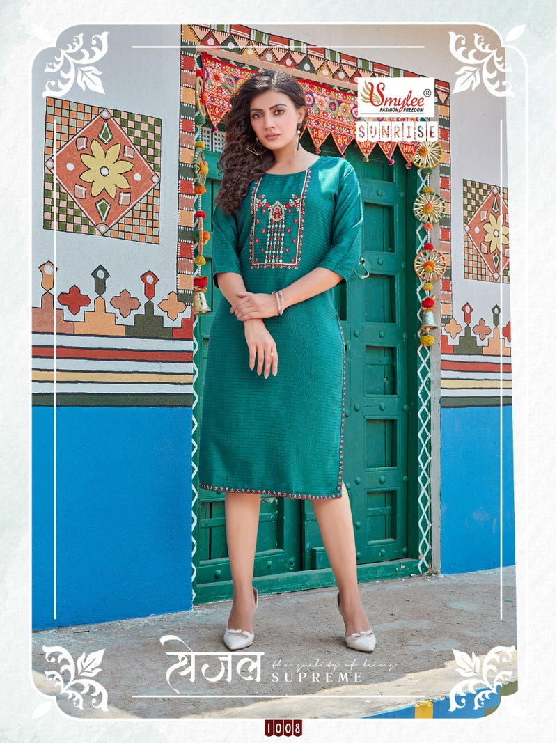 Smylee Fashion Sunrise Rayon Fancy Designer Party Wear Kurtis With Beautiful Embroidery Work