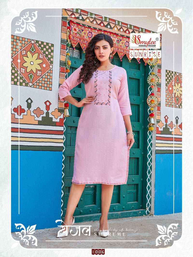 Smylee Fashion Sunrise Rayon Fancy Designer Party Wear Kurtis With Beautiful Embroidery Work