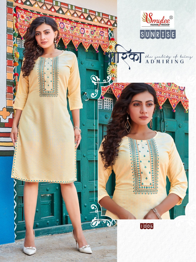 Smylee Fashion Sunrise Rayon Fancy Designer Party Wear Kurtis With Beautiful Embroidery Work