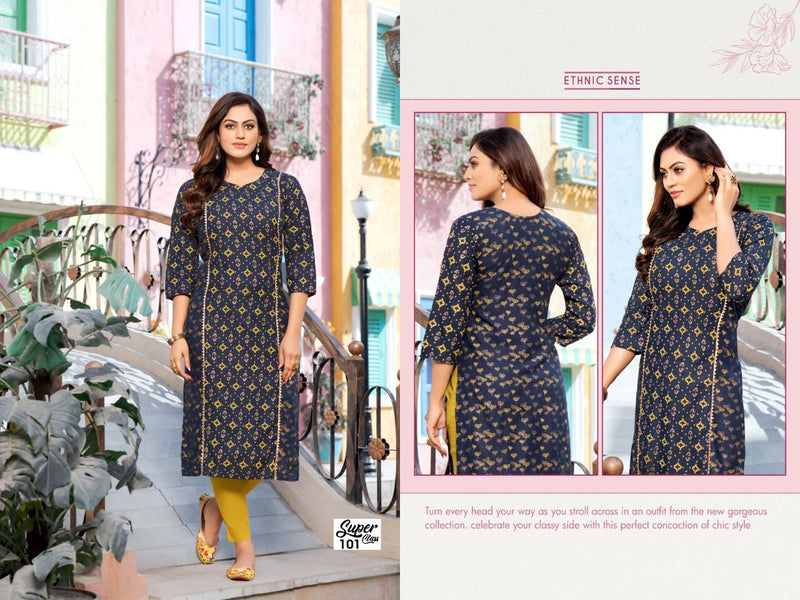 Golden Super Class Rayon Foil Print With Straight Cut Casual Wear Kurtis