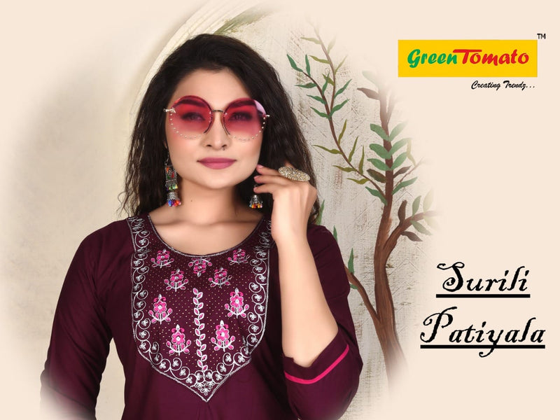 Green Tomato Surili Patiyala Rayon Party Wear Kurtis With Patiyala Style Bottom & Dupatta