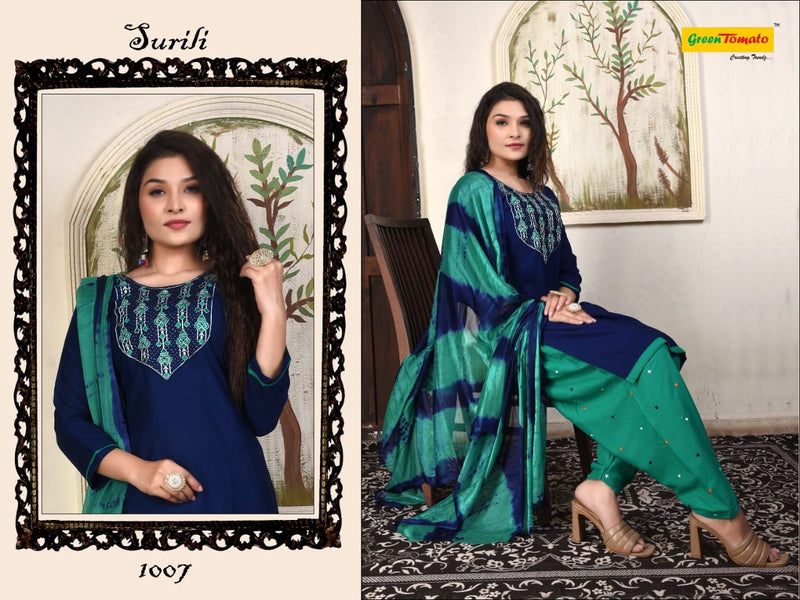 Green Tomato Surili Patiyala Rayon Party Wear Kurtis With Patiyala Style Bottom & Dupatta
