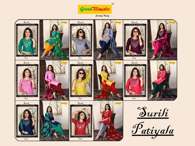 Green Tomato Surili Patiyala Rayon Party Wear Kurtis With Patiyala Style Bottom & Dupatta