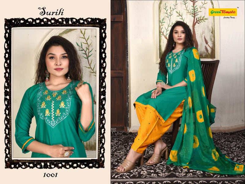 Green Tomato Surili Patiyala Rayon Party Wear Kurtis With Patiyala Style Bottom & Dupatta