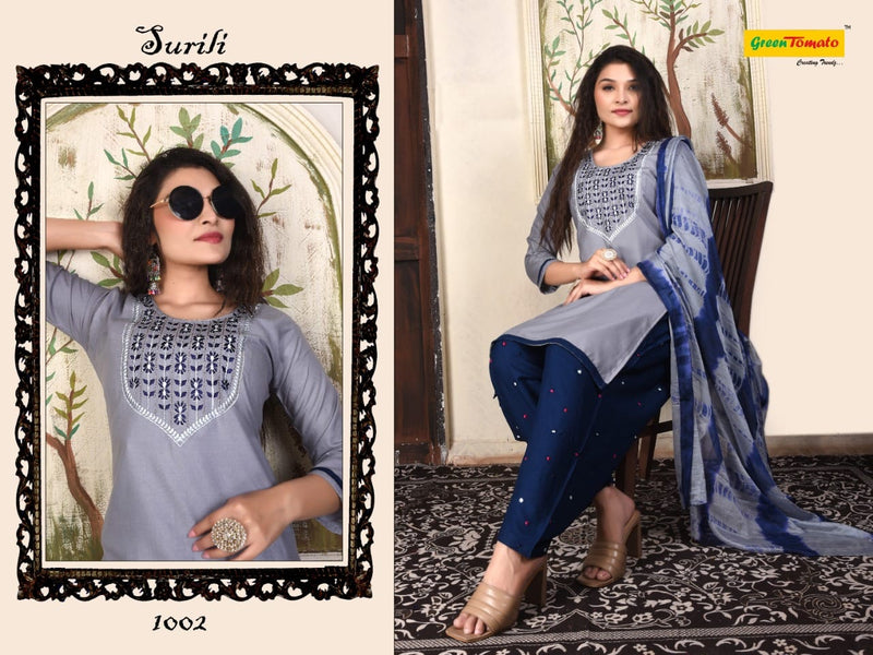 Green Tomato Surili Patiyala Rayon Party Wear Kurtis With Patiyala Style Bottom & Dupatta