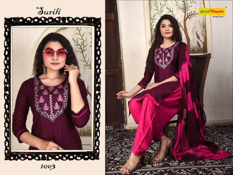Green Tomato Surili Patiyala Rayon Party Wear Kurtis With Patiyala Style Bottom & Dupatta