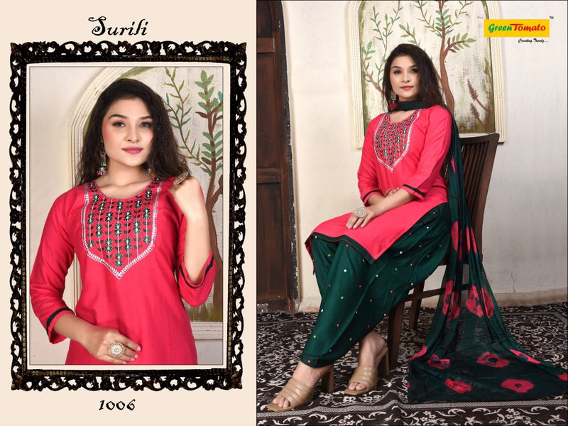 Green Tomato Surili Patiyala Rayon Party Wear Kurtis With Patiyala Style Bottom & Dupatta