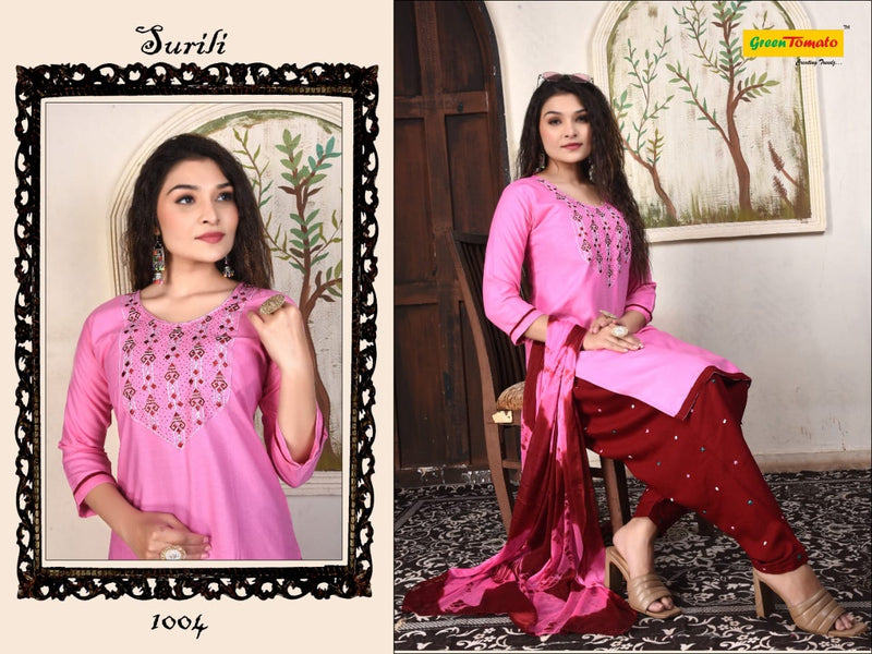 Green Tomato Surili Patiyala Rayon Party Wear Kurtis With Patiyala Style Bottom & Dupatta