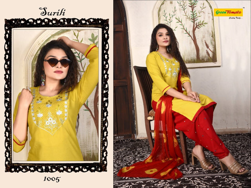 Green Tomato Surili Patiyala Rayon Party Wear Kurtis With Patiyala Style Bottom & Dupatta
