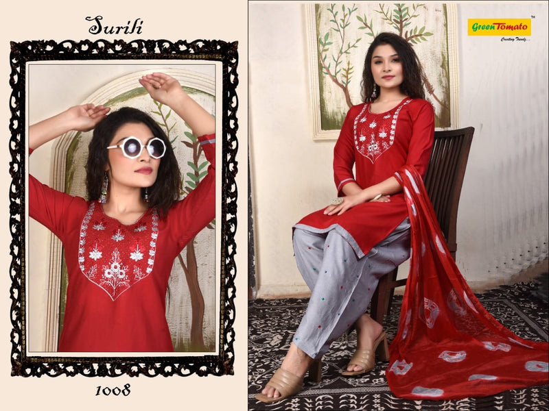 Green Tomato Surili Patiyala Rayon Party Wear Kurtis With Patiyala Style Bottom & Dupatta