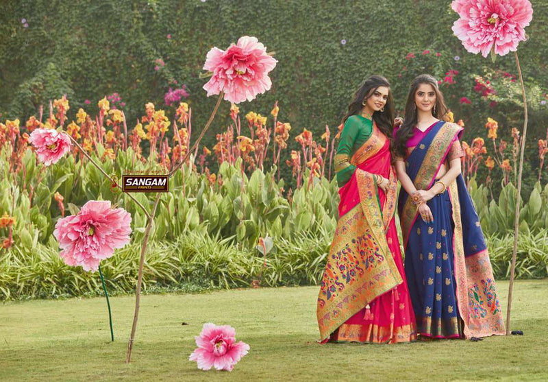 Sangam Print Pattu Silk With Soft Silk Heavy Zari Work Designer Casual Wear Sarees