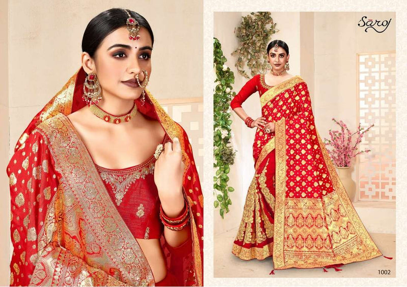 Saroj Textiles Annika Banarasi Silk Gold printed Heavy Exclusive Wedding Wear Saree