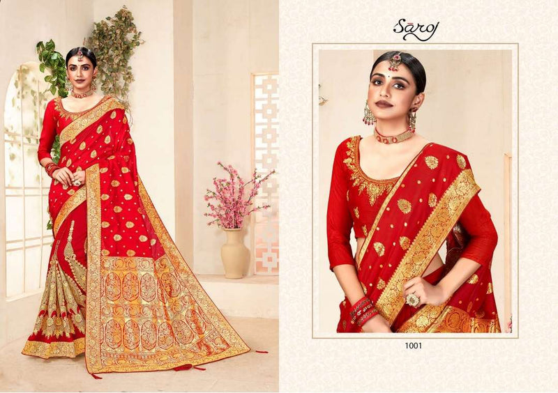 Saroj Textiles Annika Banarasi Silk Gold printed Heavy Exclusive Wedding Wear Saree