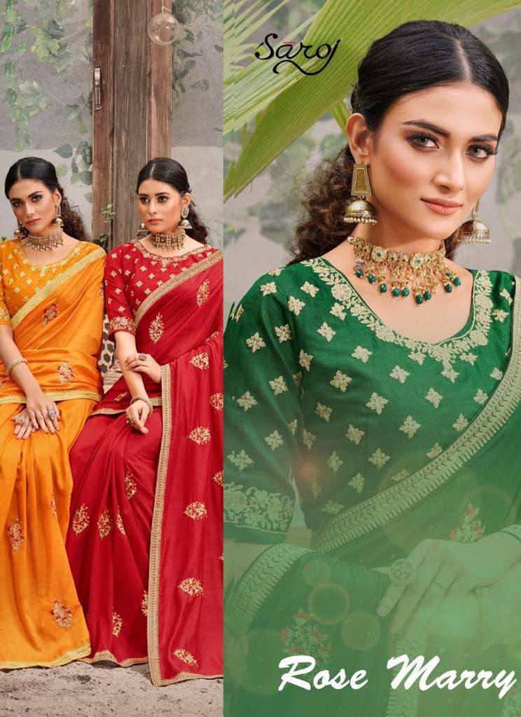 Saroj Textiles Rose Marry Vichitra Silk With Embroidery Work And Boder Designer Fancy Saree
