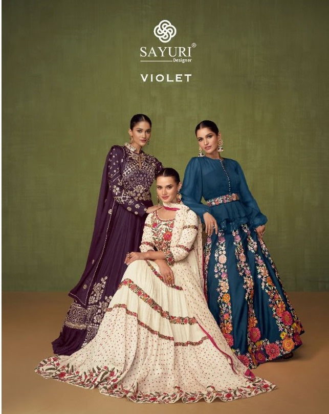 Sayuri Designer Violet Real Georgette Embroidered Gown Collection
