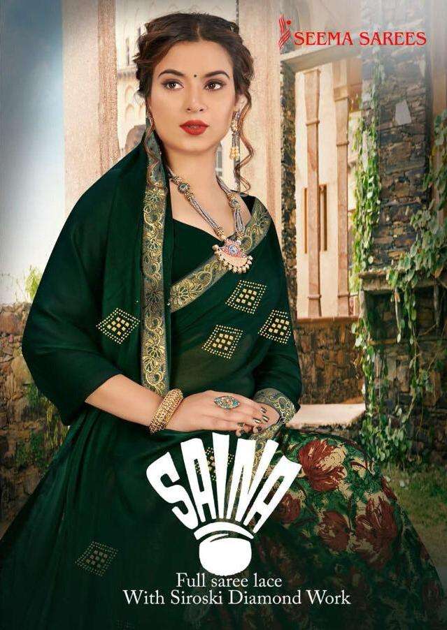 Seema Saree By Saina Black Rangoli With Siroski Work Printed Attractive Look Heavy Saree