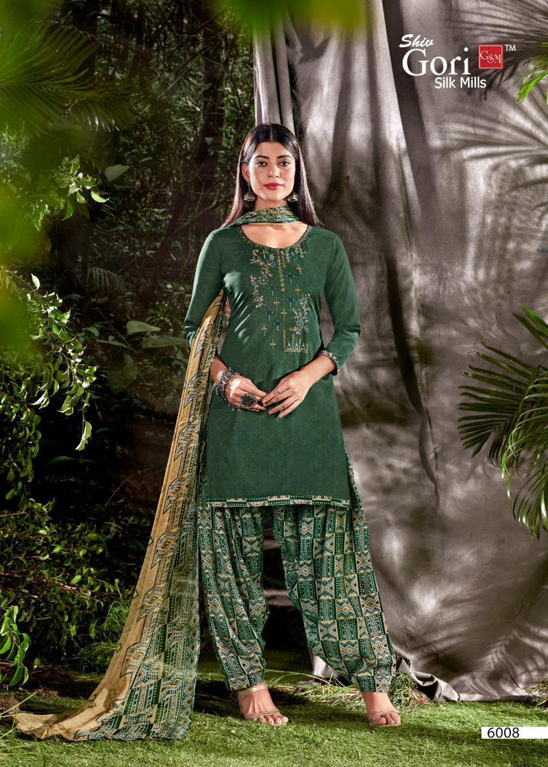 Shiv Gori Silk Mills Launch Priya Vol 6 Cotton Print Fancy Neck Work Patiyala Style Casual Wear Salwar Suits