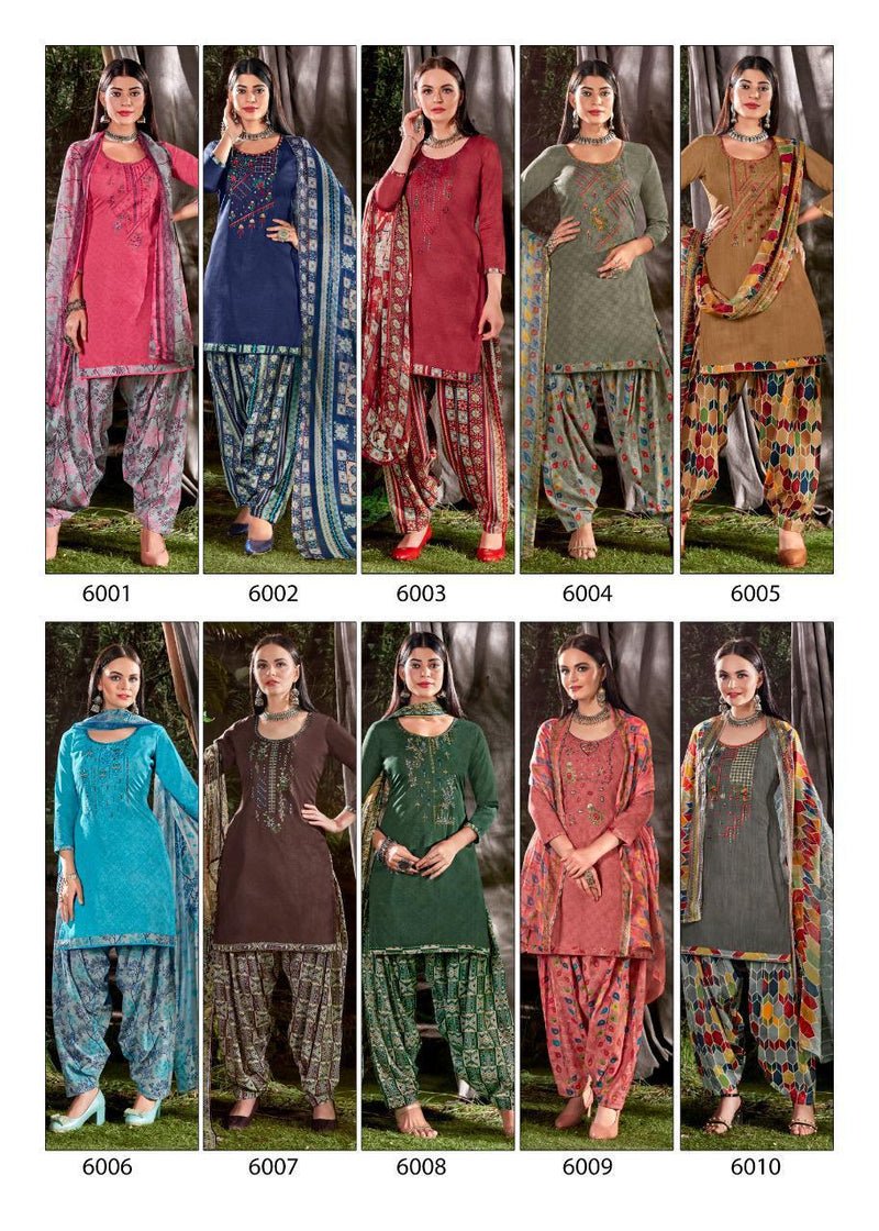 Shiv Gori Silk Mills Launch Priya Vol 6 Cotton Print Fancy Neck Work Patiyala Style Casual Wear Salwar Suits