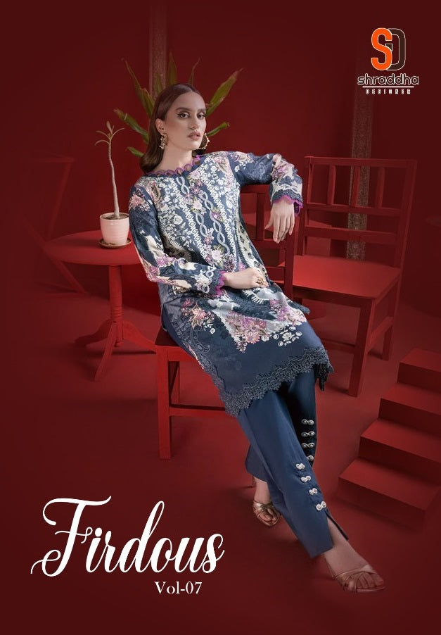 Shraddha Designer Firdous Vol 7 Lawn Cotton Print With Embroidery Work Pakistani Suit