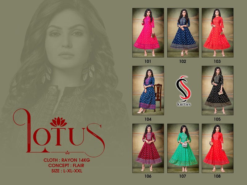 Ss Kurtis Launch Lotus Rayon With Printed Exclusive Designer Casual Wear Long Frill Kurtis