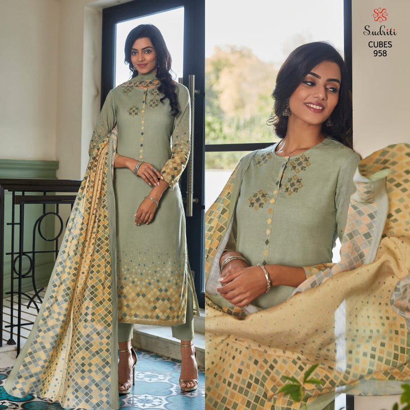 Sudriti Cubes Cambric Comb Digital Print With Embroidered Work Salwar Suit
