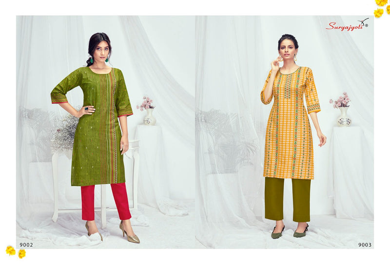 Suryajyoti Pehel Vol 9 Cotton Print Fancy Printed With Embroidery Work Regular Wear Readymade Kurtis