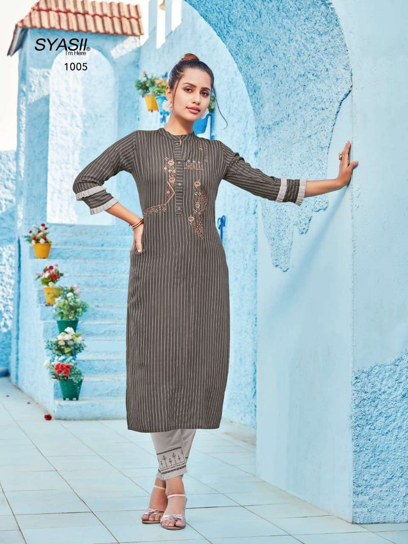 Syasii Designer Fashion Glamour Viscose Rayon Stripe With Embroidery Work Designer Kurti